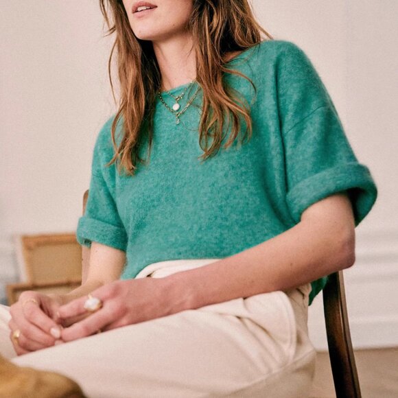 NWT Sezane Paco Cardigan Small Sweater Reversible Emerald Blue Mohair - Picture 2 of 9